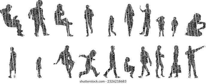 Vector silhouettes, Outline silhouettes of people, Contour drawing, people silhouette, Icon Set Isolated, Silhouette of sitting people, Architectural set	
