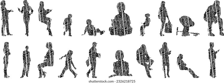Vector silhouettes, Outline silhouettes of people, Contour drawing, people silhouette, Icon Set Isolated, Silhouette of sitting people, Architectural set	
