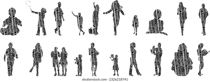 Vector silhouettes, Outline silhouettes of people, Contour drawing, people silhouette, Icon Set Isolated, Silhouette of sitting people, Architectural set	
