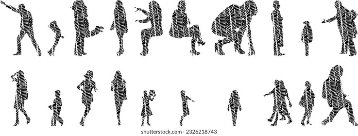 Vector silhouettes, Outline silhouettes of people, Contour drawing, people silhouette, Icon Set Isolated, Silhouette of sitting people, Architectural set	
