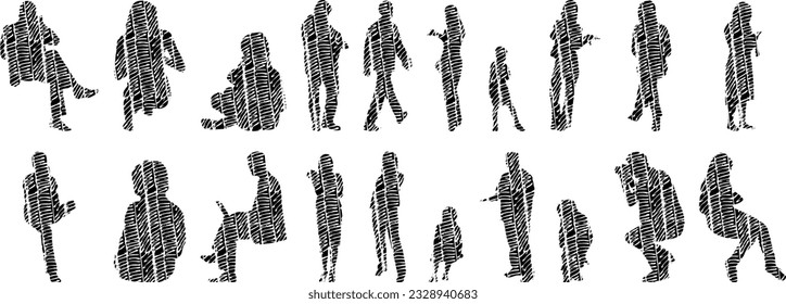 Vector silhouettes, Outline silhouettes of people, Contour drawing, people silhouette, Icon Set Isolated, Silhouette of sitting people, Architectural set	
