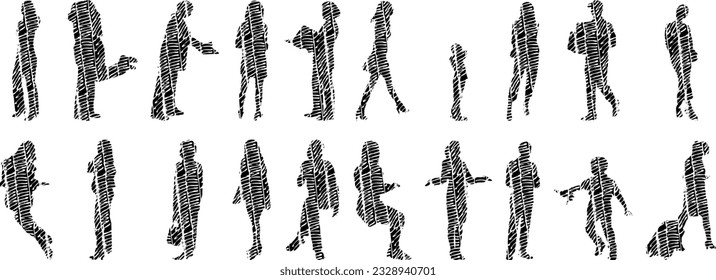 Vector silhouettes, Outline silhouettes of people, Contour drawing, people silhouette, Icon Set Isolated, Silhouette of sitting people, Architectural set	
