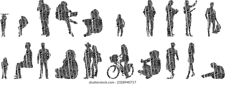 Vector silhouettes, Outline silhouettes of people, Contour drawing, people silhouette, Icon Set Isolated, Silhouette of sitting people, Architectural set	
