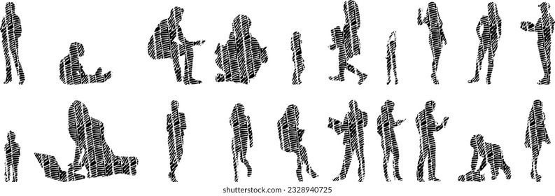 Vector silhouettes, Outline silhouettes of people, Contour drawing, people silhouette, Icon Set Isolated, Silhouette of sitting people, Architectural set	
