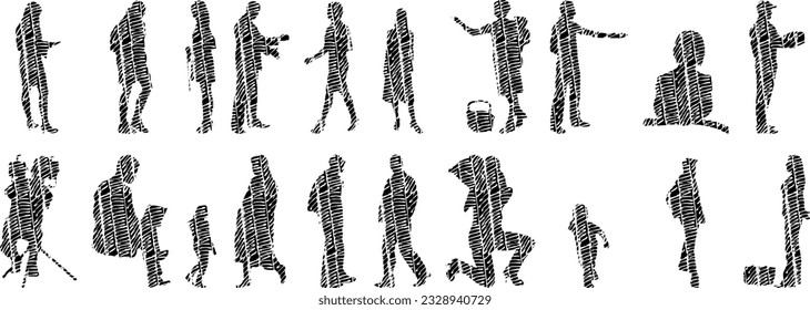Vector silhouettes, Outline silhouettes of people, Contour drawing, people silhouette, Icon Set Isolated, Silhouette of sitting people, Architectural set	
