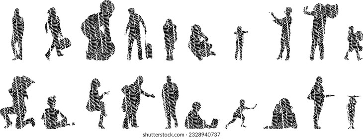Vector silhouettes, Outline silhouettes of people, Contour drawing, people silhouette, Icon Set Isolated, Silhouette of sitting people, Architectural set	
