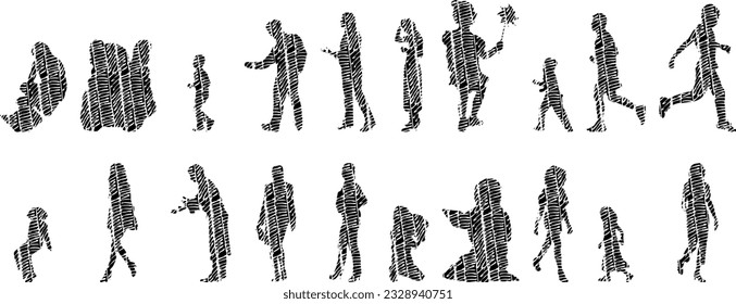 Vector silhouettes, Outline silhouettes of people, Contour drawing, people silhouette, Icon Set Isolated, Silhouette of sitting people, Architectural set	
