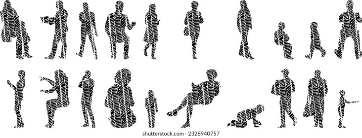Vector silhouettes, Outline silhouettes of people, Contour drawing, people silhouette, Icon Set Isolated, Silhouette of sitting people, Architectural set	
