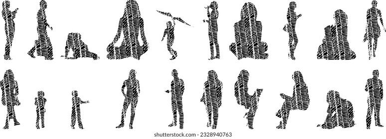 Vector silhouettes, Outline silhouettes of people, Contour drawing, people silhouette, Icon Set Isolated, Silhouette of sitting people, Architectural set	
