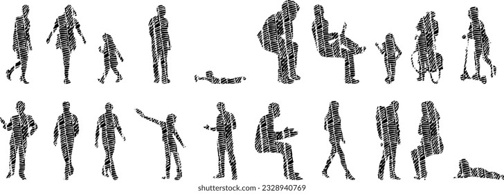 Vector silhouettes, Outline silhouettes of people, Contour drawing, people silhouette, Icon Set Isolated, Silhouette of sitting people, Architectural set	
