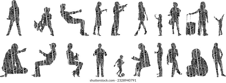 Vector silhouettes, Outline silhouettes of people, Contour drawing, people silhouette, Icon Set Isolated, Silhouette of sitting people, Architectural set	
