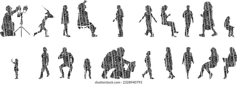 Vector silhouettes, Outline silhouettes of people, Contour drawing, people silhouette, Icon Set Isolated, Silhouette of sitting people, Architectural set	
