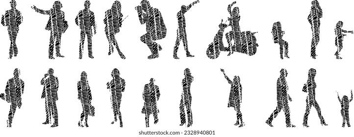 Vector silhouettes, Outline silhouettes of people, Contour drawing, people silhouette, Icon Set Isolated, Silhouette of sitting people, Architectural set	
