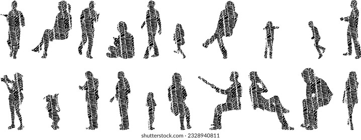 Vector silhouettes, Outline silhouettes of people, Contour drawing, people silhouette, Icon Set Isolated, Silhouette of sitting people, Architectural set	
