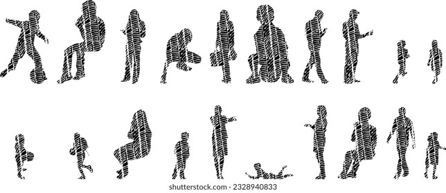 Vector silhouettes, Outline silhouettes of people, Contour drawing, people silhouette, Icon Set Isolated, Silhouette of sitting people, Architectural set	
