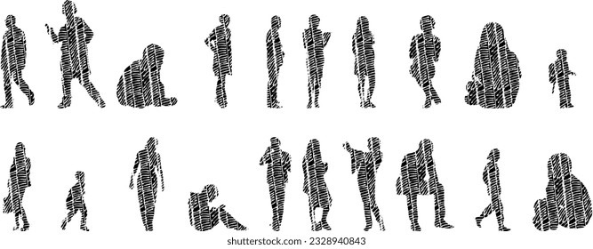 Vector silhouettes, Outline silhouettes of people, Contour drawing, people silhouette, Icon Set Isolated, Silhouette of sitting people, Architectural set	
