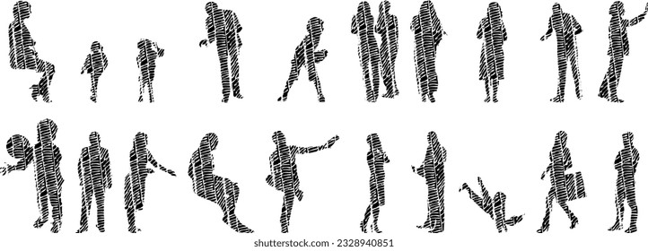 Vector silhouettes, Outline silhouettes of people, Contour drawing, people silhouette, Icon Set Isolated, Silhouette of sitting people, Architectural set	
