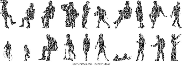 Vector silhouettes, Outline silhouettes of people, Contour drawing, people silhouette, Icon Set Isolated, Silhouette of sitting people, Architectural set	
