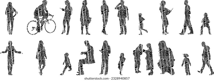 Vector silhouettes, Outline silhouettes of people, Contour drawing, people silhouette, Icon Set Isolated, Silhouette of sitting people, Architectural set	
