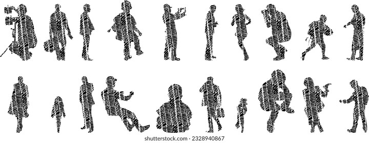 Vector silhouettes, Outline silhouettes of people, Contour drawing, people silhouette, Icon Set Isolated, Silhouette of sitting people, Architectural set	
