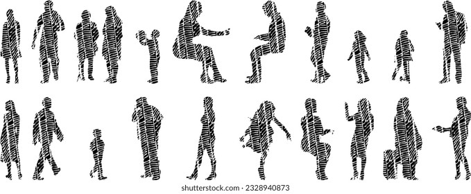 Vector silhouettes, Outline silhouettes of people, Contour drawing, people silhouette, Icon Set Isolated, Silhouette of sitting people, Architectural set	

