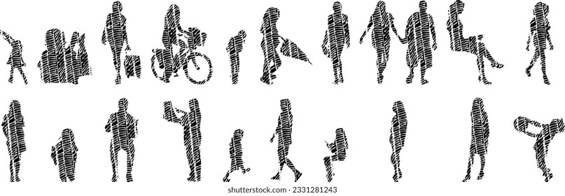 Vector silhouettes, Outline silhouettes of people, Contour drawing, people silhouette, Icon Set Isolated, Silhouette of sitting people, Architectural set	
