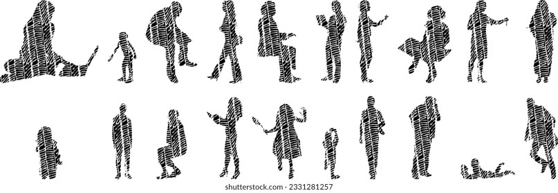 Vector silhouettes, Outline silhouettes of people, Contour drawing, people silhouette, Icon Set Isolated, Silhouette of sitting people, Architectural set	
