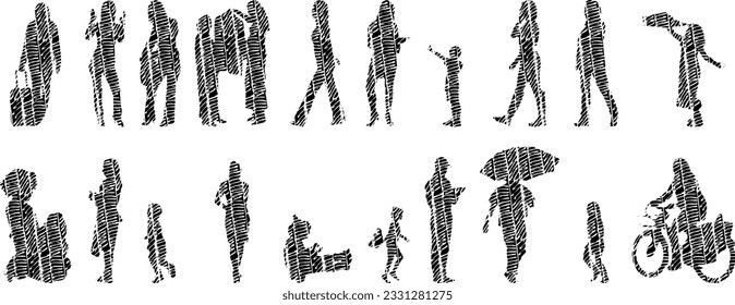 Vector silhouettes, Outline silhouettes of people, Contour drawing, people silhouette, Icon Set Isolated, Silhouette of sitting people, Architectural set	
