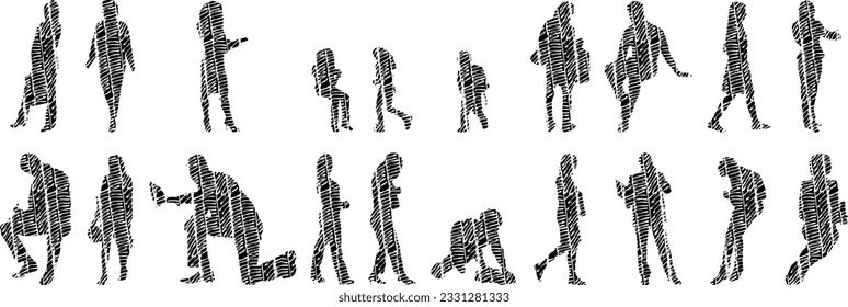 Vector silhouettes, Outline silhouettes of people, Contour drawing, people silhouette, Icon Set Isolated, Silhouette of sitting people, Architectural set	
