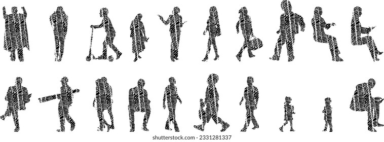 Vector silhouettes, Outline silhouettes of people, Contour drawing, people silhouette, Icon Set Isolated, Silhouette of sitting people, Architectural set	
