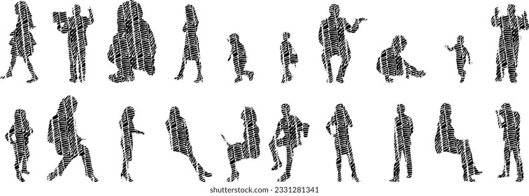 Vector silhouettes, Outline silhouettes of people, Contour drawing, people silhouette, Icon Set Isolated, Silhouette of sitting people, Architectural set	
