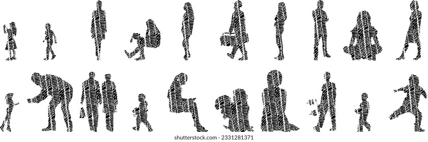 Vector silhouettes, Outline silhouettes of people, Contour drawing, people silhouette, Icon Set Isolated, Silhouette of sitting people, Architectural set	
