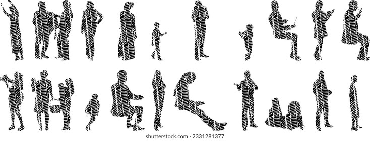 Vector silhouettes, Outline silhouettes of people, Contour drawing, people silhouette, Icon Set Isolated, Silhouette of sitting people, Architectural set	
