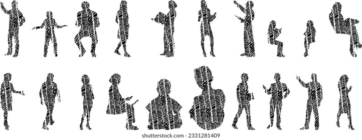 Vector silhouettes, Outline silhouettes of people, Contour drawing, people silhouette, Icon Set Isolated, Silhouette of sitting people, Architectural set	
