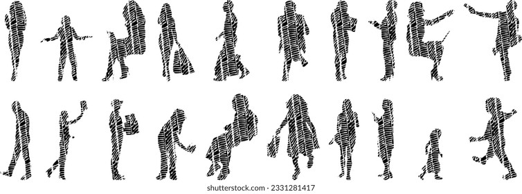 Vector silhouettes, Outline silhouettes of people, Contour drawing, people silhouette, Icon Set Isolated, Silhouette of sitting people, Architectural set	
