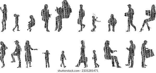 Vector silhouettes, Outline silhouettes of people, Contour drawing, people silhouette, Icon Set Isolated, Silhouette of sitting people, Architectural set	
