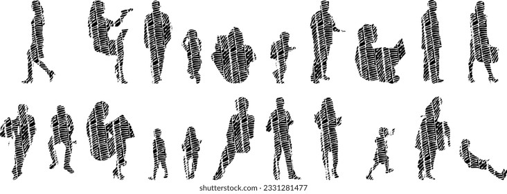Vector silhouettes, Outline silhouettes of people, Contour drawing, people silhouette, Icon Set Isolated, Silhouette of sitting people, Architectural set	
