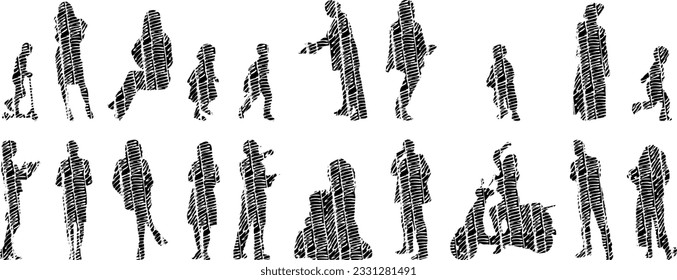 Vector silhouettes, Outline silhouettes of people, Contour drawing, people silhouette, Icon Set Isolated, Silhouette of sitting people, Architectural set	
