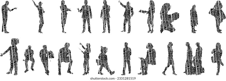 Vector silhouettes, Outline silhouettes of people, Contour drawing, people silhouette, Icon Set Isolated, Silhouette of sitting people, Architectural set	
