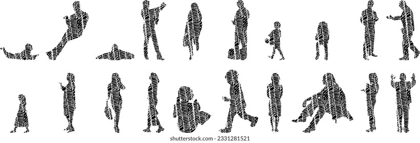 Vector silhouettes, Outline silhouettes of people, Contour drawing, people silhouette, Icon Set Isolated, Silhouette of sitting people, Architectural set	
