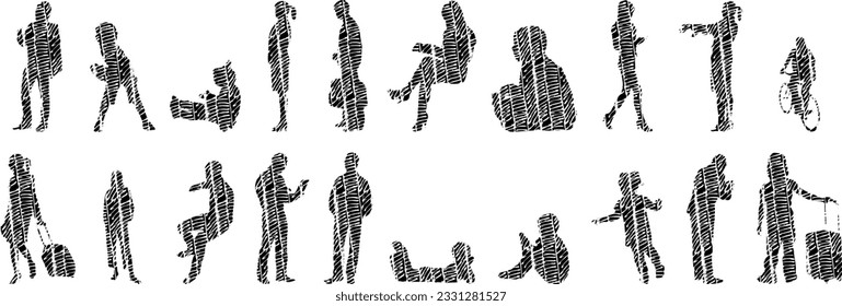 Vector silhouettes, Outline silhouettes of people, Contour drawing, people silhouette, Icon Set Isolated, Silhouette of sitting people, Architectural set	
