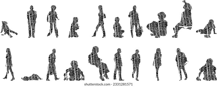 Vector silhouettes, Outline silhouettes of people, Contour drawing, people silhouette, Icon Set Isolated, Silhouette of sitting people, Architectural set	
