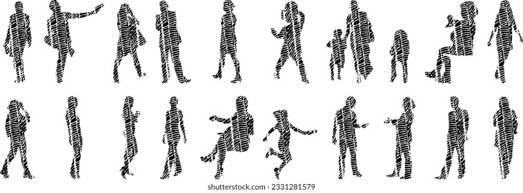 Vector silhouettes, Outline silhouettes of people, Contour drawing, people silhouette, Icon Set Isolated, Silhouette of sitting people, Architectural set	
