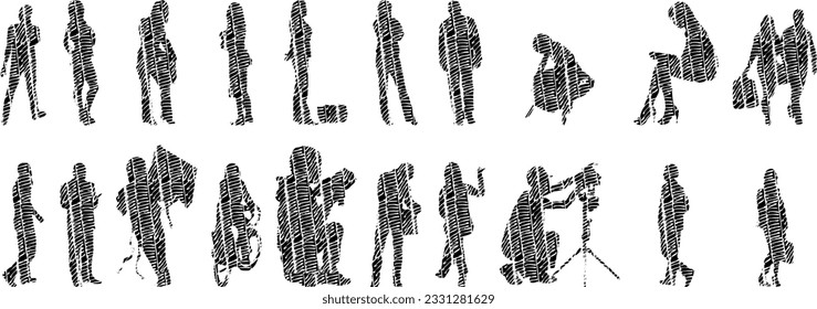 Vector silhouettes, Outline silhouettes of people, Contour drawing, people silhouette, Icon Set Isolated, Silhouette of sitting people, Architectural set	

