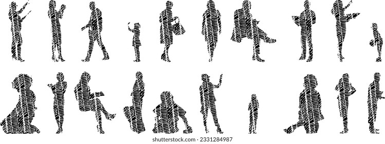 Vector silhouettes, Outline silhouettes of people, Contour drawing, people silhouette, Icon Set Isolated, Silhouette of sitting people, Architectural set	

