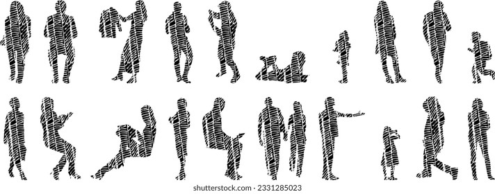 Vector silhouettes, Outline silhouettes of people, Contour drawing, people silhouette, Icon Set Isolated, Silhouette of sitting people, Architectural set	
