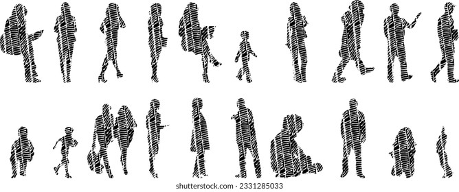 Vector silhouettes, Outline silhouettes of people, Contour drawing, people silhouette, Icon Set Isolated, Silhouette of sitting people, Architectural set	
