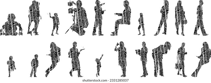 Vector silhouettes, Outline silhouettes of people, Contour drawing, people silhouette, Icon Set Isolated, Silhouette of sitting people, Architectural set	
