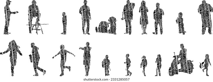Vector silhouettes, Outline silhouettes of people, Contour drawing, people silhouette, Icon Set Isolated, Silhouette of sitting people, Architectural set	
