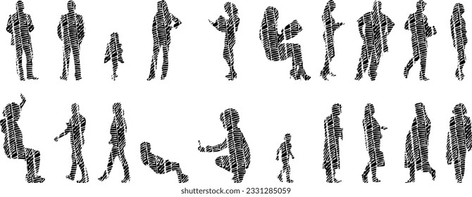 Vector silhouettes, Outline silhouettes of people, Contour drawing, people silhouette, Icon Set Isolated, Silhouette of sitting people, Architectural set	
